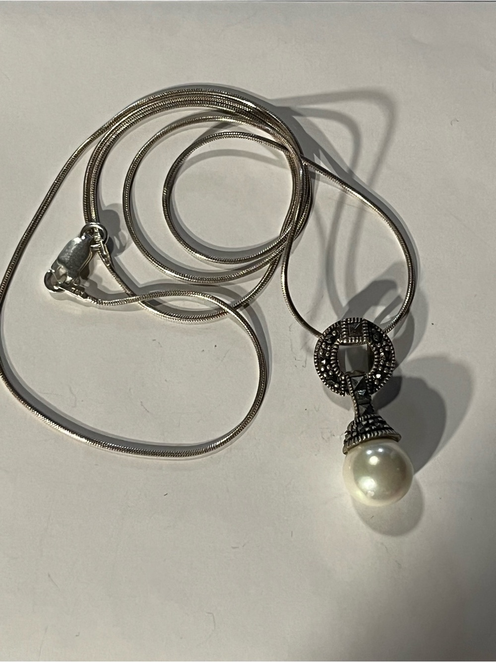 Sterling Silver Pearl Drop Pendant Necklace - White Pearl with Marcasite. 22”